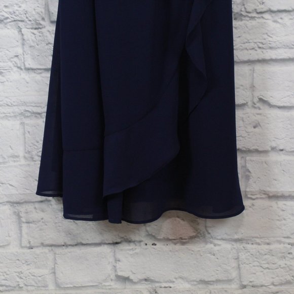 IZ BYER Navy Halter V Neck Ruffle Belted Faux Wrap Rustic Dress Size XL - Picture 4 of 10